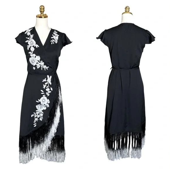 VENUS Black w/ White Embroidered Floral Asymmetric Fringe Wrap Midi Dress Size 8 - Picture 8 of 11
